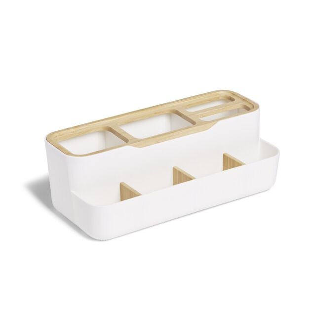 Rangement salle de bain bambou et plastique blanc