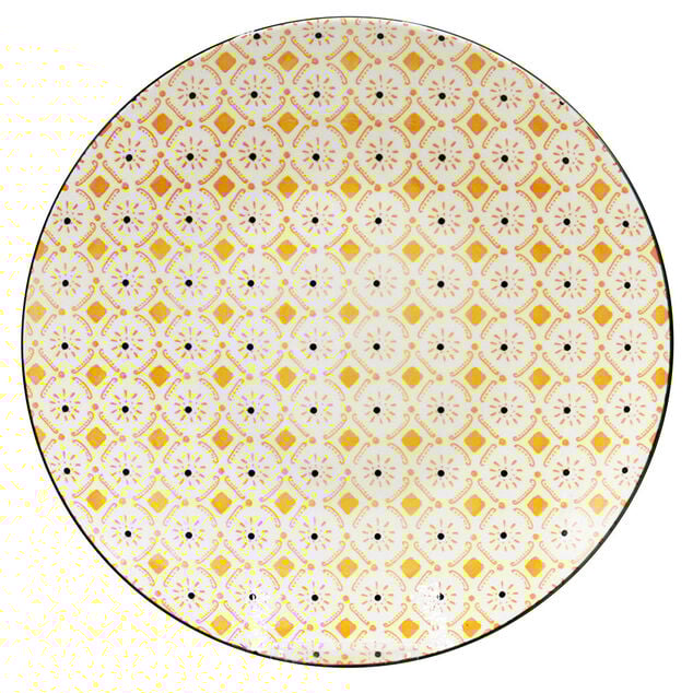 Assiette plate ronde Praia motif blanc jaune noir