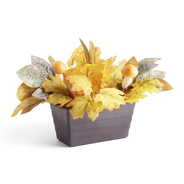 Jardini&egrave;re de fleurs artificielles th&egrave;me automne et champignon 25x40xH28cm