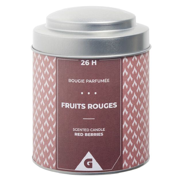 Bougie parfum&eacute;e dans pot m&eacute;tal gris et rouge senteur fruits rouges 26H