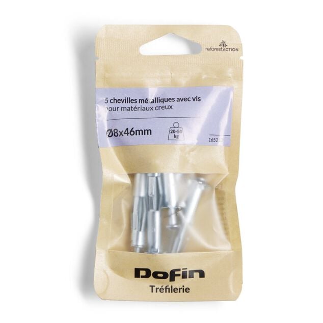 Lot de 5 chevilles m&eacute;tal avec vis &Oslash;8x46mm charge 30kg