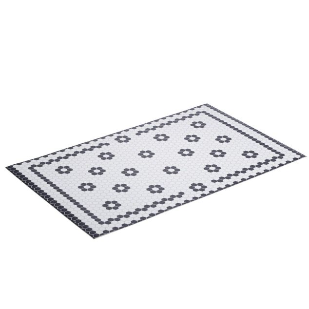Tapis vinyle rectangulaire motif carreau de ciment fleur blanc et noir 38x60cm