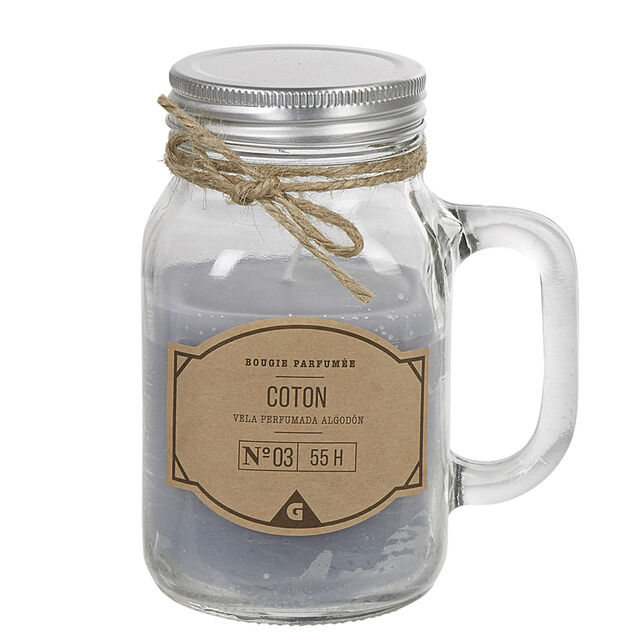 Bougie dans mug en verre avec couvercle senteur coton