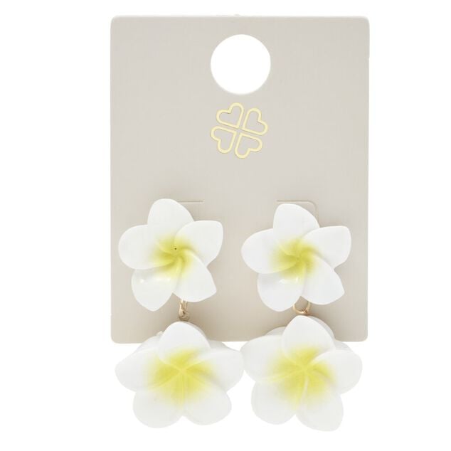 Boucles d'oreilles &eacute;poxy double fleur de tiar&eacute; jaune et blanche L2,5cm
