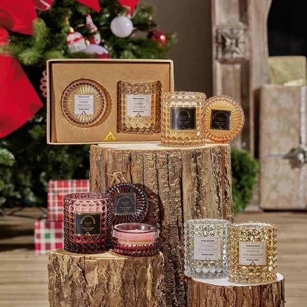 Bougie senteur vanille dans verre d&eacute;co relief