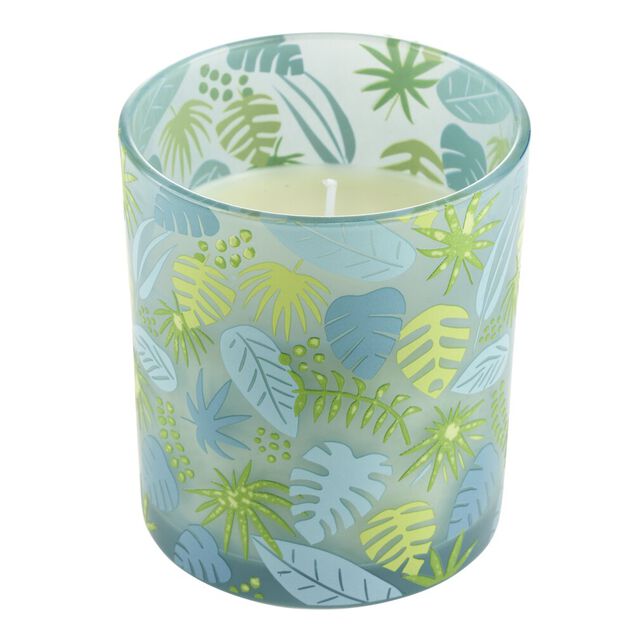 Bougie parfum&eacute;e dans pot verre feuillage phosphorescent &Oslash;8,5xH10cm (3mod&egrave;les)