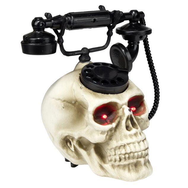 T&eacute;l&eacute;phone t&ecirc;te de mort Halloween LED d&eacute;tecteur mouvement son et lumi&egrave;re 19x22xH25cm