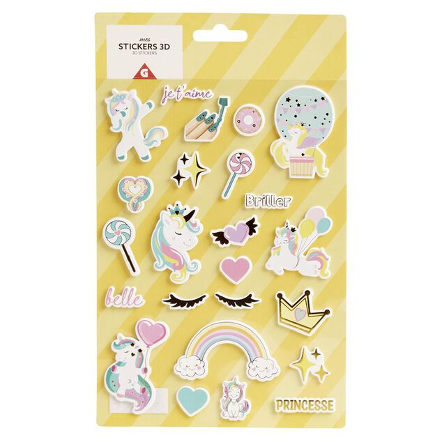 Sticker 3D enfant 1 feuille licorne ou ouistiti