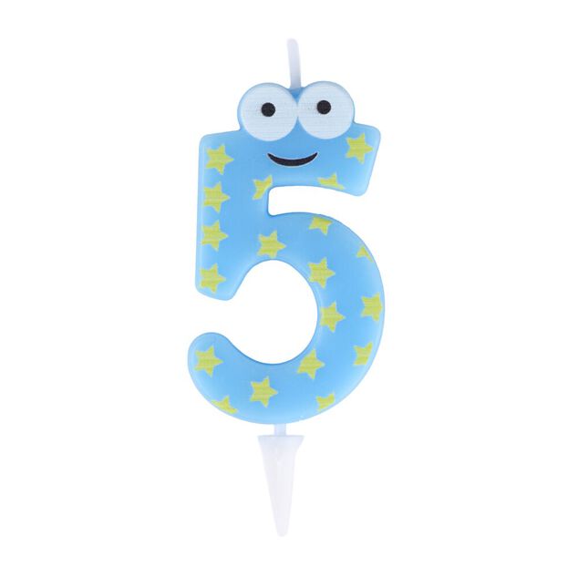 Bougie chiffre 5 cire personnage &eacute;toiles bleu et jaune H8,5cm