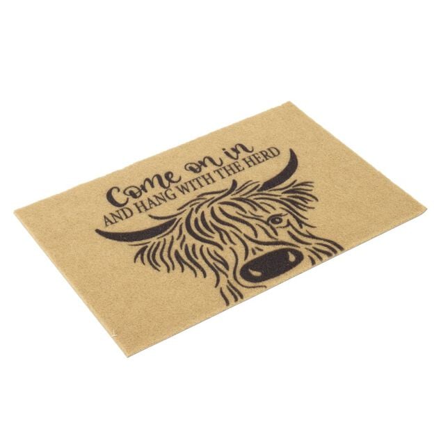 Paillasson motif vache Highland ext&eacute;rieur abrit&eacute; marron 40x60cm