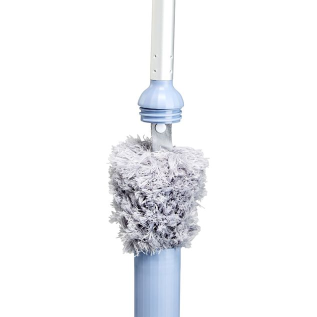 Balai avec plumeau intégré au manche gris et bleu