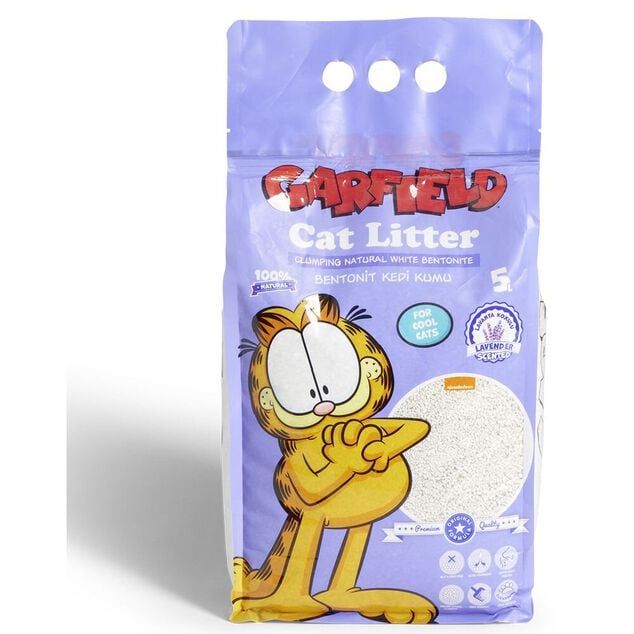 Liti&egrave;re naturelle pour chat Garfield senteur lavande bentonite 5kg