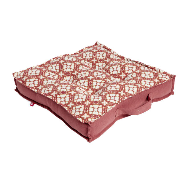 Coussin de sol carré rouge terracotta motifs blancs 40x40cm