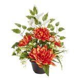 Composition florale artificielle en pot dalhia et lys orange H45cm