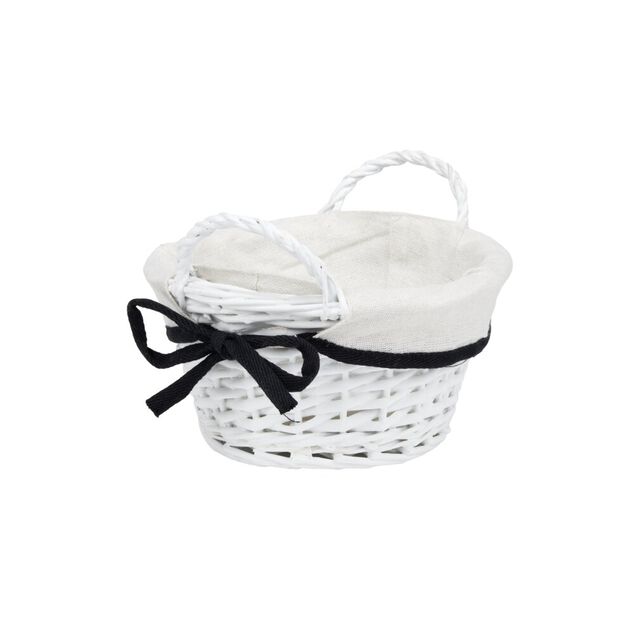 Pani&egrave;re ronde en bois tress&eacute; doublure tissu blanc noeud noir &Oslash;20xH10cm