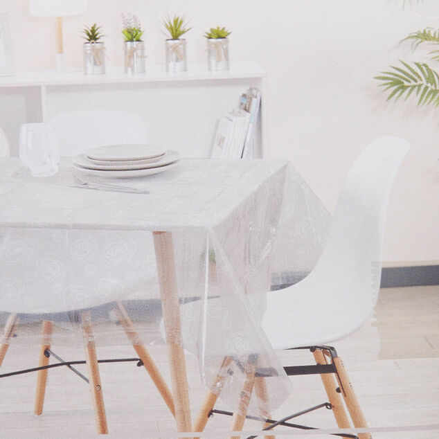 Nappe rectangulaire en plastique transparent motif fleur tourbillon 140x240 cm