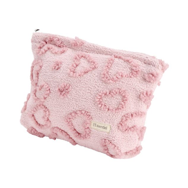 Trousse cosm&eacute;tique sherpa polycoton relief coeur rose 26x19cm
