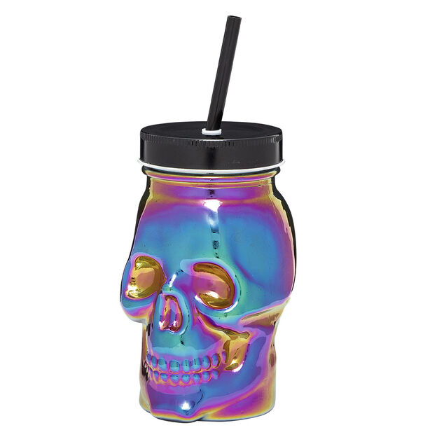 Gobelet verre forme t&ecirc;te de mort couvercle et paille 500 ml