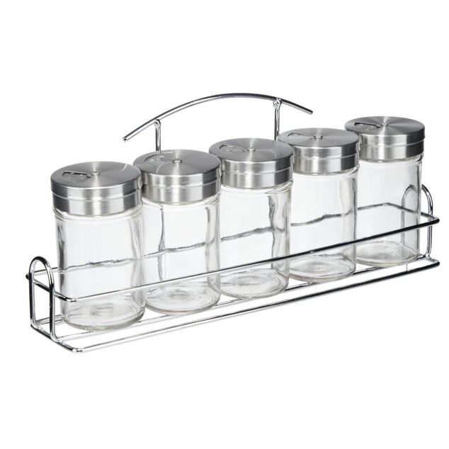 Pot &agrave; &eacute;pices verre couvercle inox x5 avec support m&eacute;tallique 26x5,5xH11,5cm
