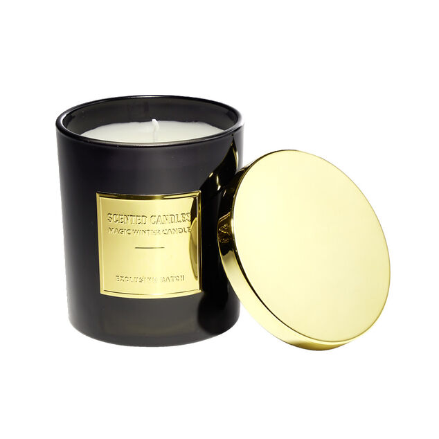 Bougie avec couvercle pot m&eacute;tallis&eacute; noir et dor&eacute; senteur oud &Oslash;25H