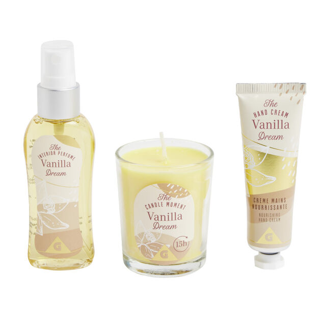 Coffret senteur avec bougie/cr&egrave;me mains/parfum d'int&eacute;rieur