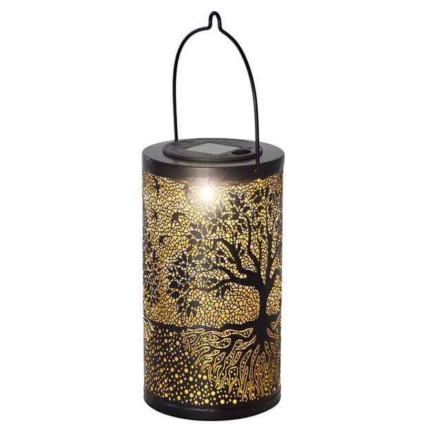 Lanterne solaire ronde LED arbre de vie m&eacute;tal bronze marron &Oslash;10xH28cm