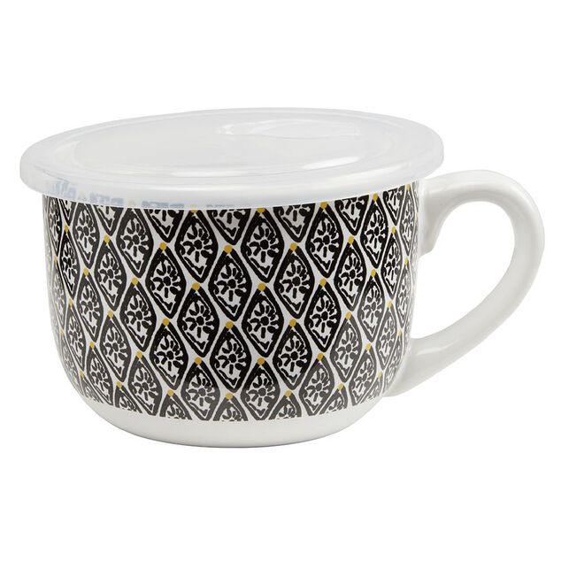 Bol jumbo couvercle transparent motif ethnique noir et jaune Ø12.5xH9cm