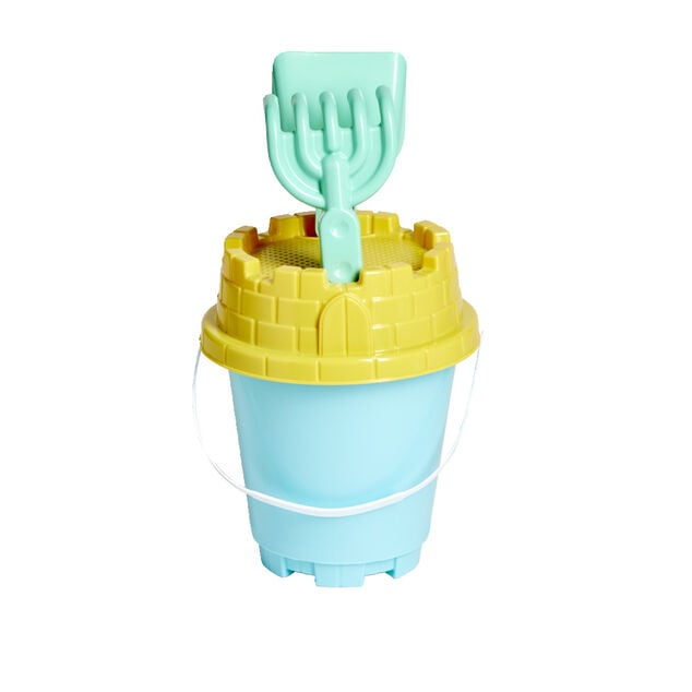 Seau de plage avec pelle r&acirc;teau tamis en plastique vert