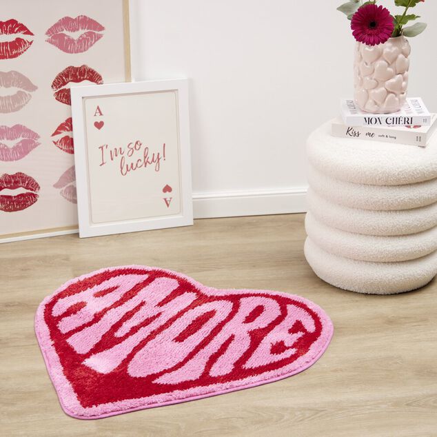 Tapis d&eacute;co inscription Amore forme coeur rose 75x75cm