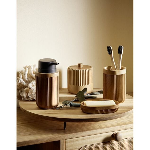 Pot &agrave; coton rond plastique imitation bois avec couvercle &Oslash;9xH10cm
