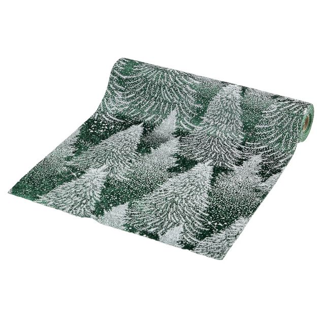 Chemin de table imitation velours imprim&eacute; sapins polyester L300X28X0,15 cm vert