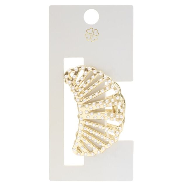 Pince cheveux forme coquillage avec perles m&eacute;tal dor&eacute; L6cm
