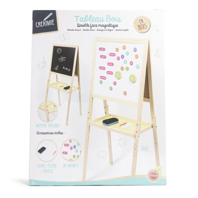 Tableau en bois double face magn&eacute;tique et craie avec accessoires
