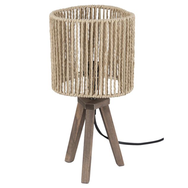 Lampe &agrave; poser tr&eacute;pied bois abat-jour papier tress&eacute; &Oslash;16xH32,5cm