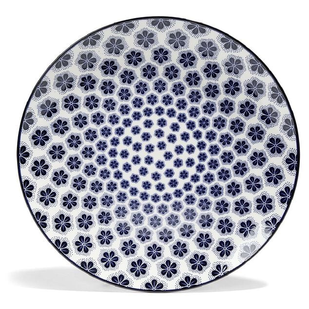Lot de 4 assiettes plates &Oslash;27cm porcelaine imprim&eacute; bleu et blanc