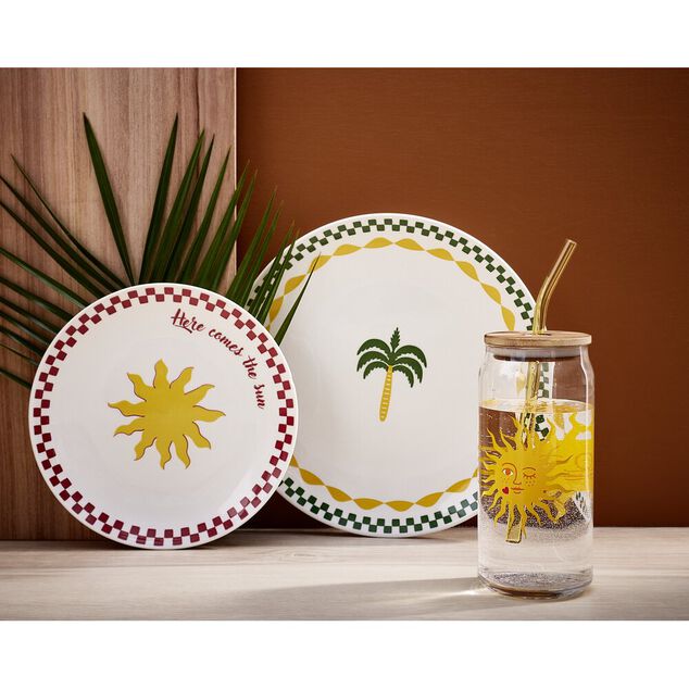 Gobelet en verre motif tropical avec paille et couvercle bambou 600ml (3 mod&egrave;les)