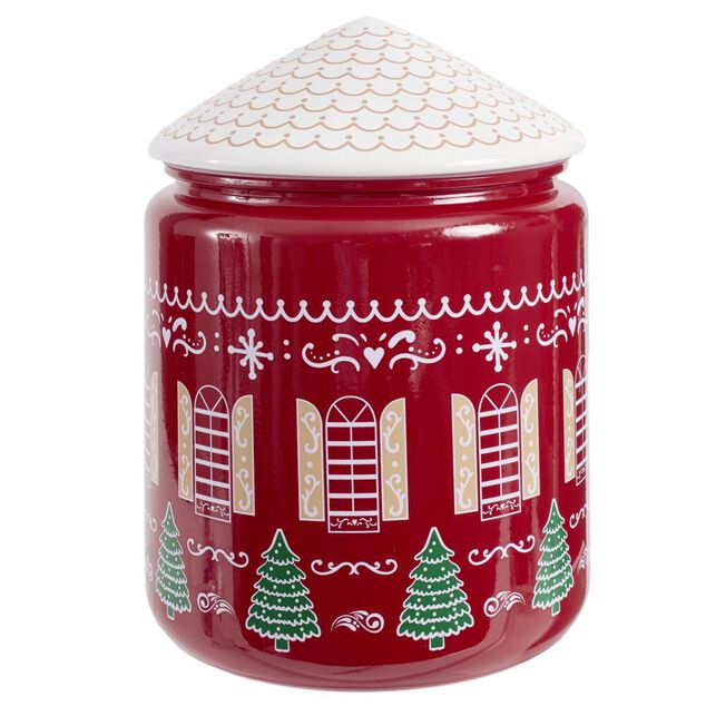 Bonbonni&egrave;re de No&euml;l ronde forme maison en dolomite &Oslash;17XH25 cm rouge