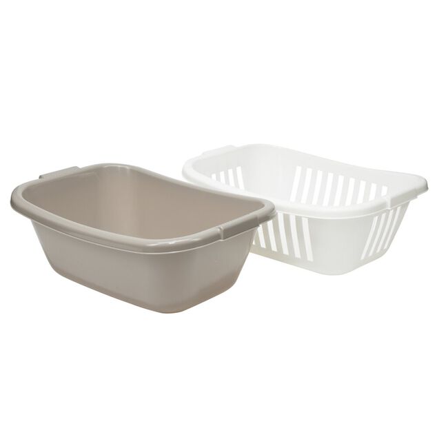 Panière à linge x2 en plastique blanc et marron 58x40xH23cm