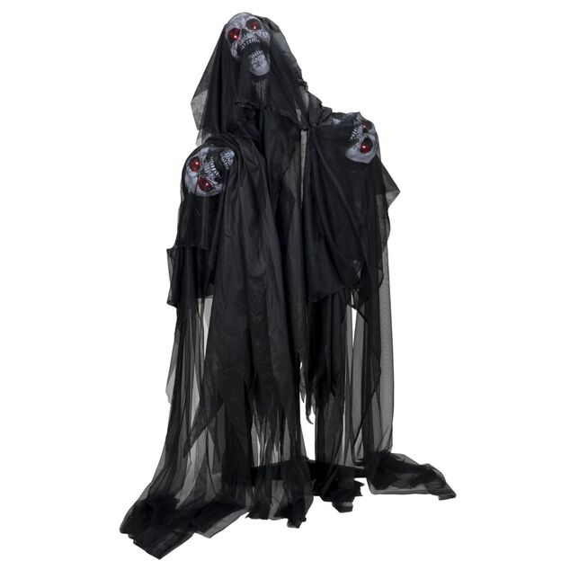 D&eacute;coration Halloween automate squelette noir 3 t&ecirc;tes anim&eacute; son et lumi&egrave;re H170cm