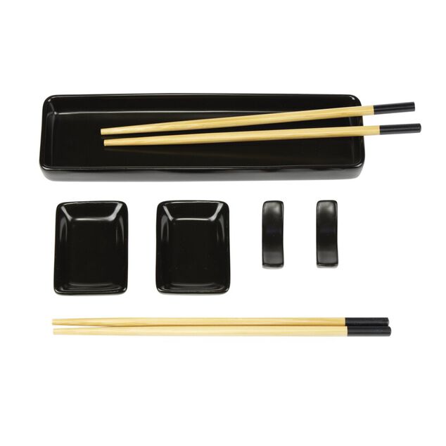 Set &agrave; sushis 2 personnes assiette coupelle baguettes et support 5 pi&egrave;ces