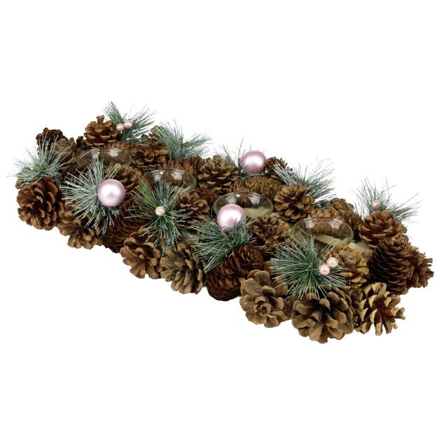 Centre de table d&eacute;coration pin et boules de No&euml;l 4 photophores bois et verre L47X17XH9 cm