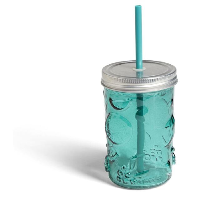 Gobelet 500ml en verre couvercle m&eacute;tal avec paille - 3 coloris