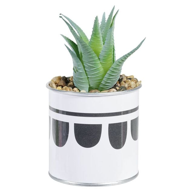 Plante artificielle succulente avec pot m&eacute;tal motif ethnique