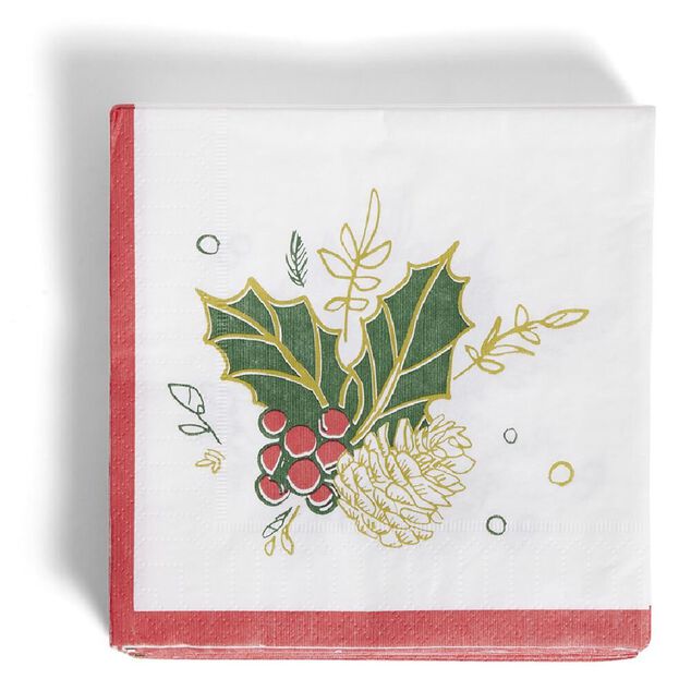Serviette papier No&euml;l motif houx blanc et rouge x20