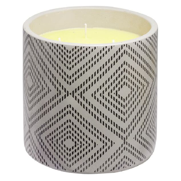 Bougie citronnelle dans pot de ciment imprim&eacute; losange style ethnique