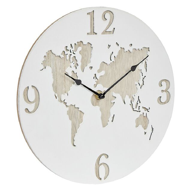 Horloge ronde design planisphère effet bois blanc naturel Ø30 cm