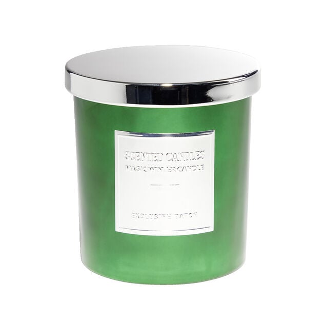 Bougie avec couvercle pot métallisé gris et vert senteur sapin 25H