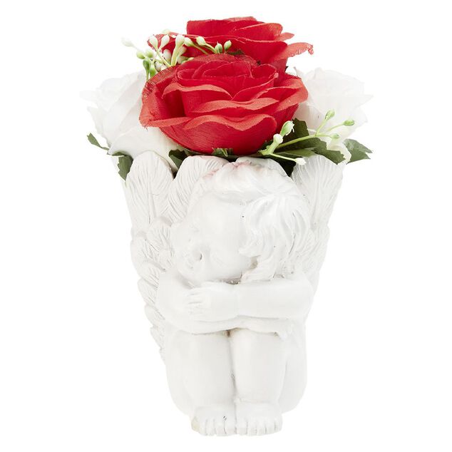 Panier ange en polyr&eacute;sine + composition fleur artificielle H17 cm blanc