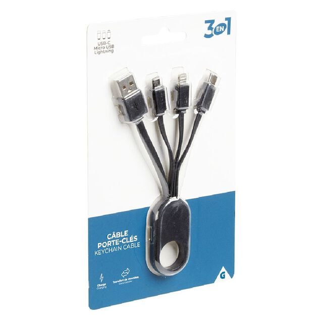 Porte cl&eacute; c&acirc;ble de charge 3en1 lightning micro usb USBC blanc