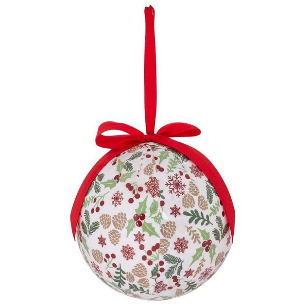 Boule de Noël motif traditionnel houx flocon de neige rouge et blanc Ø12cm